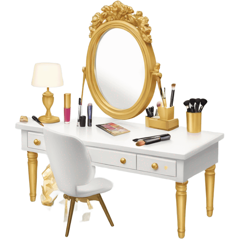 White desk with gold mirror and Makeup  emoji