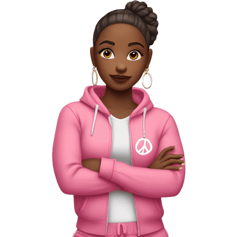 Girl emoji: pink tracksuit, hoop earrings, pink lips, lashes, nails. Poses: peace sign, nails, phone, arms crossed. full body emoji