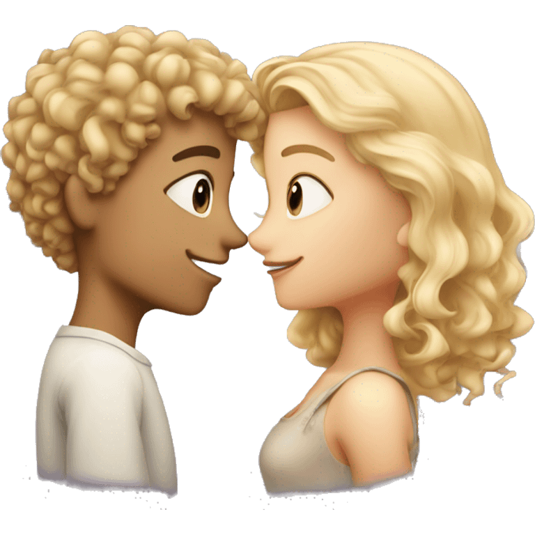 Blonde, curly haired boy and blonde, straight haired girl, kissing emoji