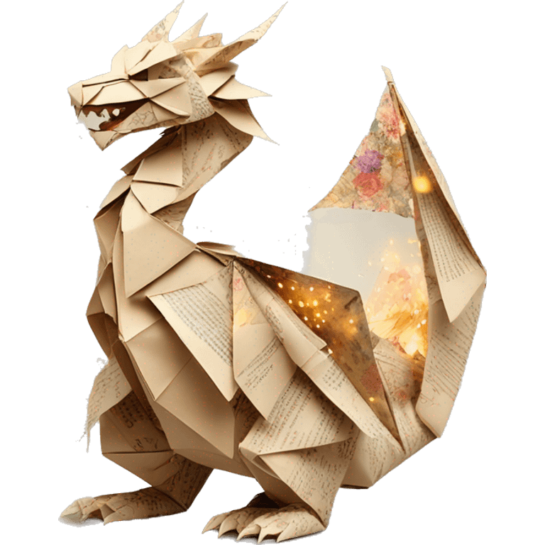 Beige Origami dragon made of newspapers on fire surrounded by fairy lights swirls covered in dried flowers bokeh library bunting floral flowers fire flames emoji