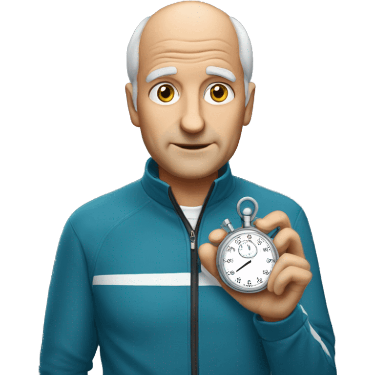 Cross country coach holding a stopwatch who is slightly balding but not old emoji