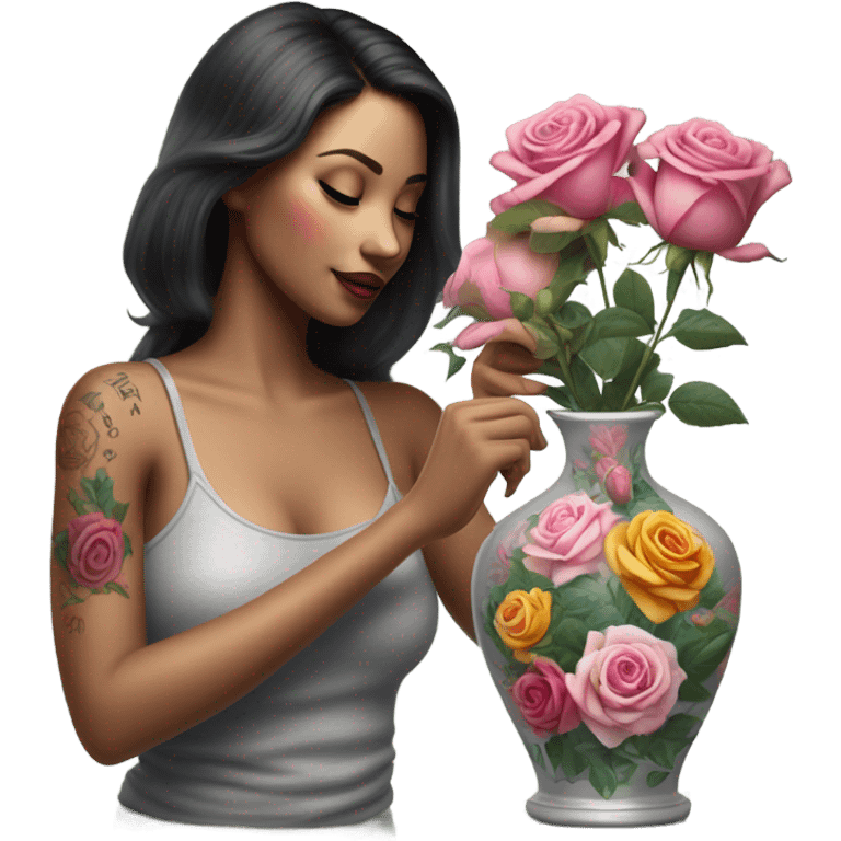 Hyper Realistic beautiful woman model with a small rose tattoo arranging flowers in a vase emoji