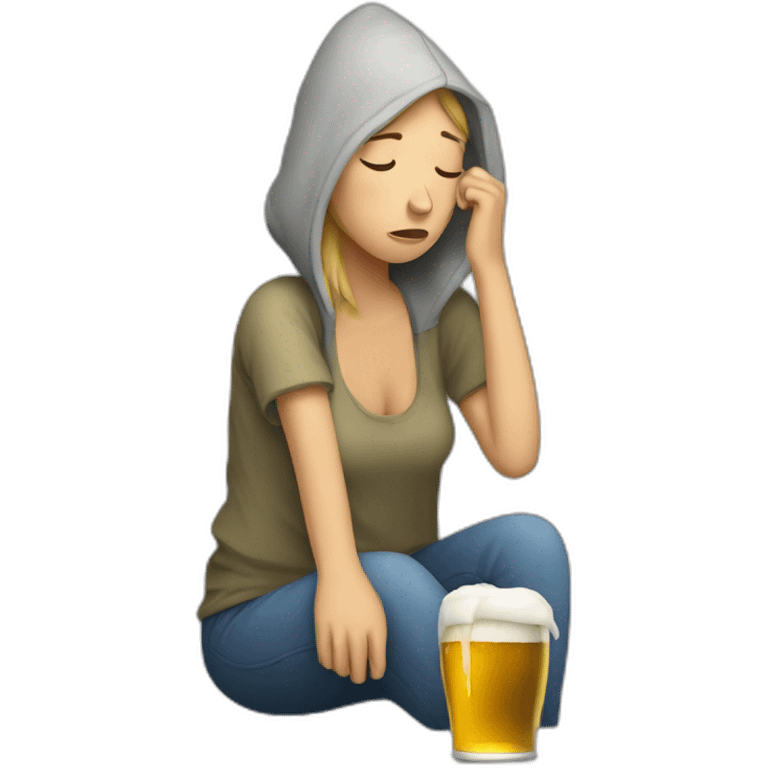 Homeless caucasian woman depressed with beer emoji