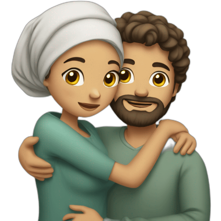 guy with beard and wavy hair hugging woman with headscarf emoji