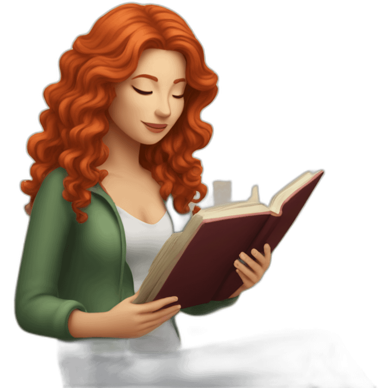 White woman with long curly red hair reading a book with a glass of wine in a park emoji