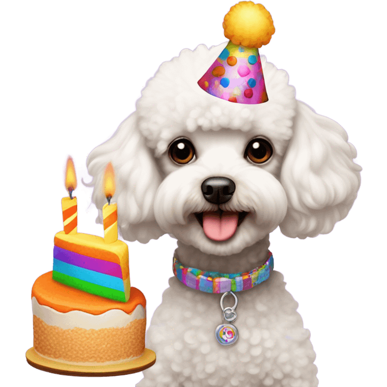 White male Toy poodle wearing birthday hat with a cake  emoji