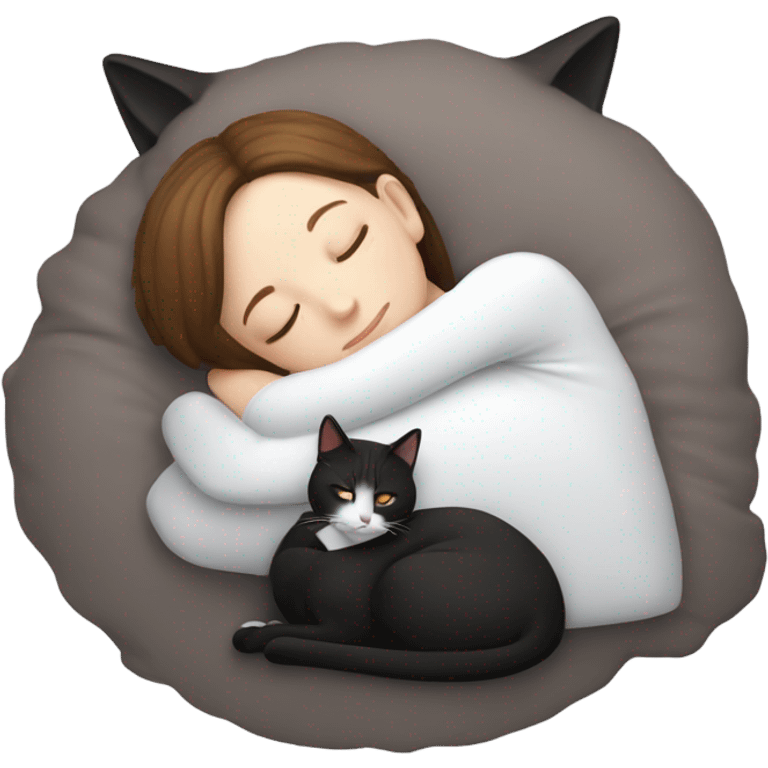 White girl short brown hair sleeping with tuxedo cat  emoji