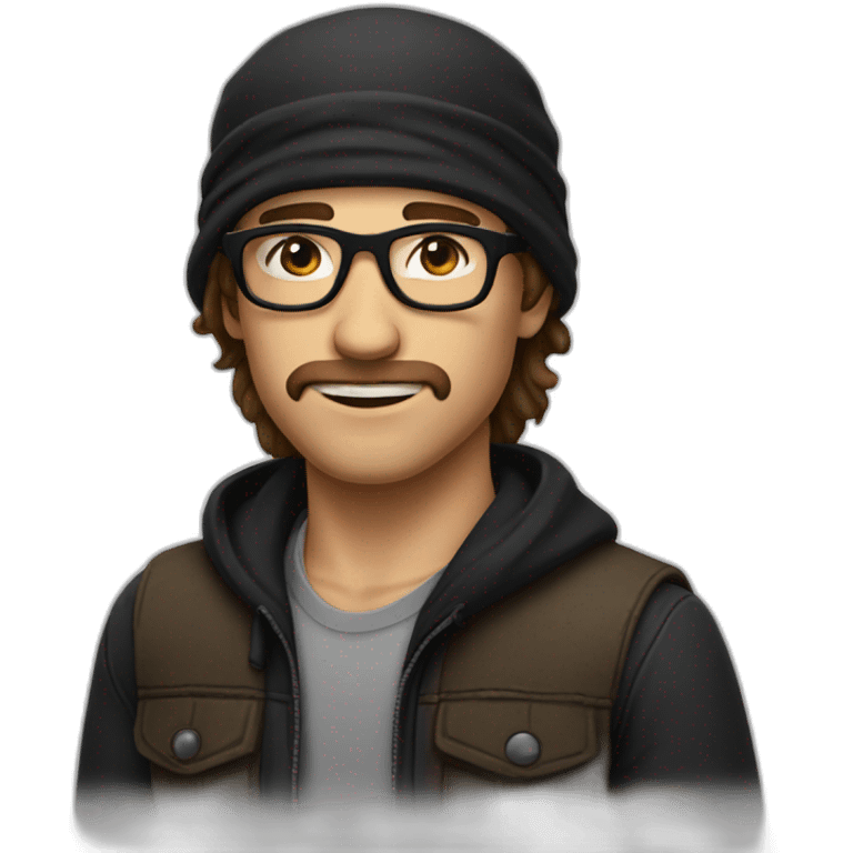 a guy with long brown hair, a black bandana on head, and rectangular glasses.  emoji