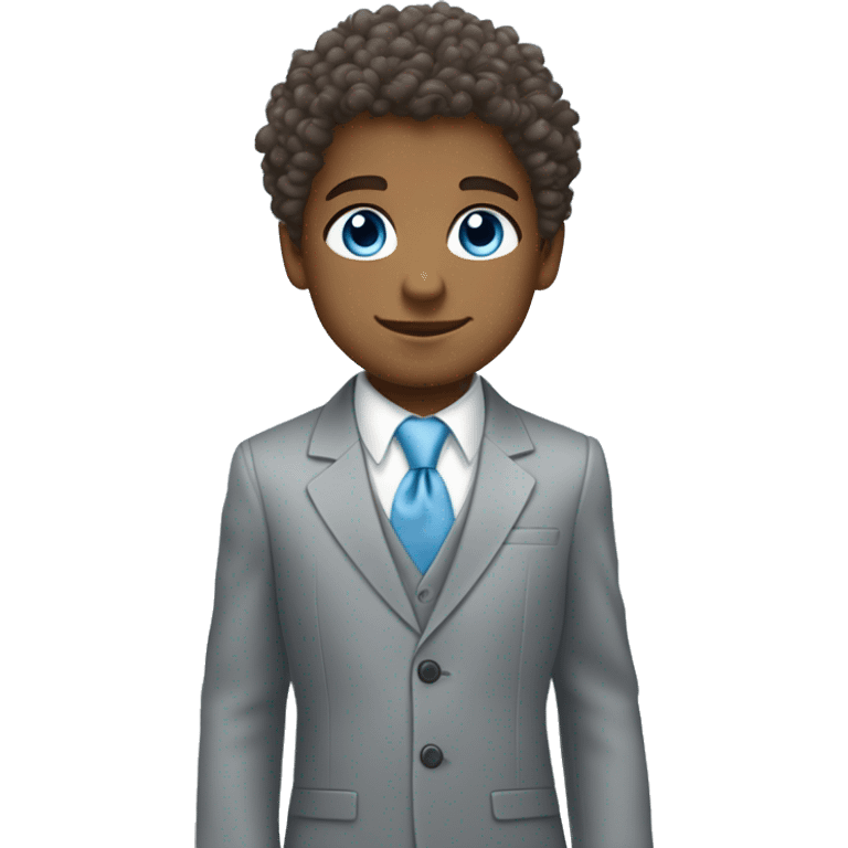 Little young  gentleman wearing a grey suit with white shirt and baby blue tie with blue eyes , white boy and brown curly hair and full body . Wearing a watch  emoji