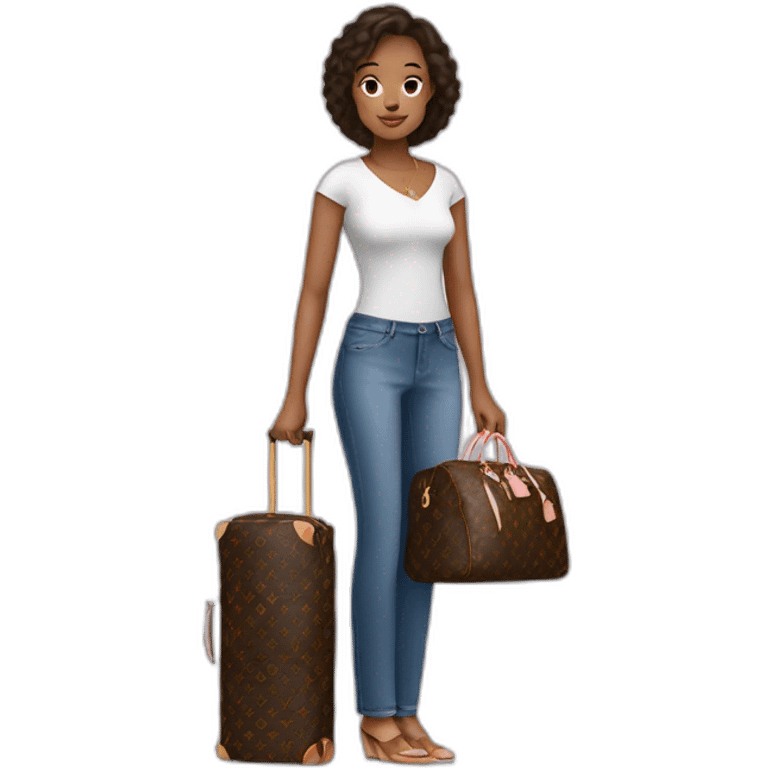 woman holding louis Vuitton travel bag with wheels emoji