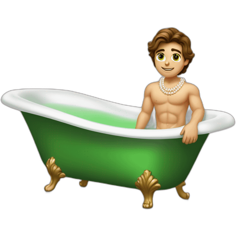 Posh-muscle-boy-brown-hair-green-eyes-pearl-necklace-in-golden-bathtub-legs emoji