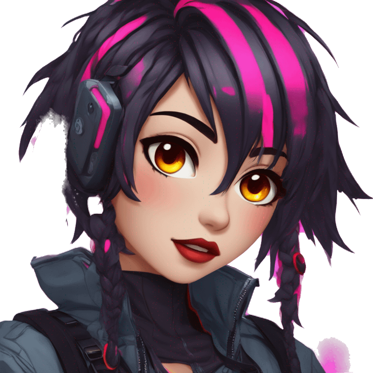 Gorgeous bright colorful neon techwear anime style lady with blushing face aesthetic and pretty edgy black red punk messy hair with collar and harness trending style emoji