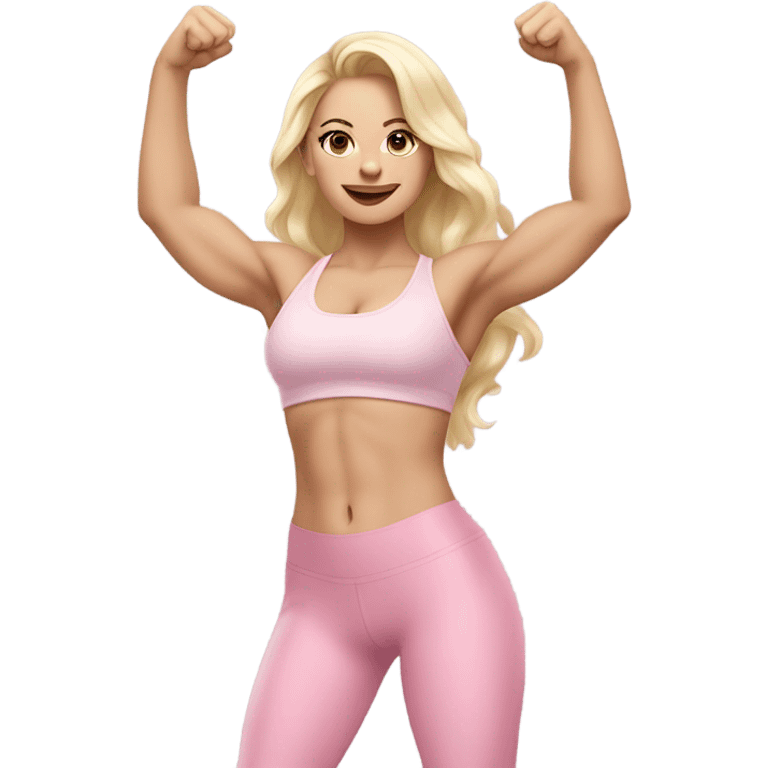 Woman, white skin, pale skin, long hair, blonde hair, wavy hair, baby pink sports bra, baby pink leggings, flexing one arm up emoji