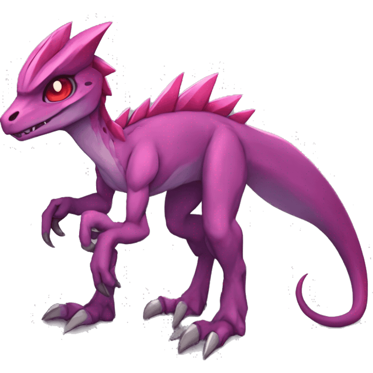 Chibi-Anthro Mauve-maroon-red-colored edgy anthro-genesect-velociraptor-scalie-sona-Fakémon-hybrid with a purple-pink mane on head and back and horns full body emoji