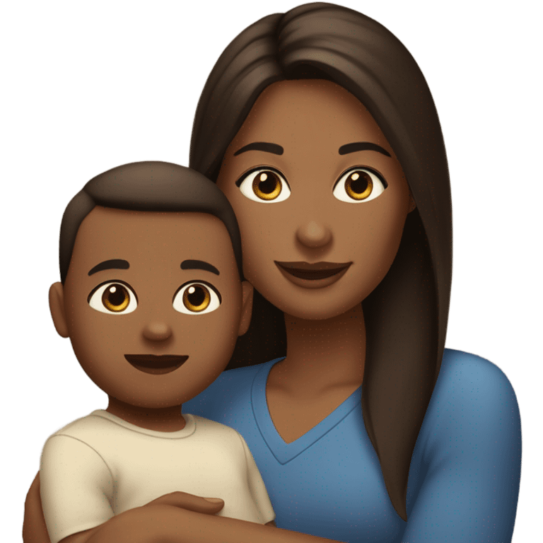 white woman, with straight long mid hair, dark brown hair, blue eyes, round face, uni-lips. holding her baby boy, one year old, brown skin, bit of hair straight brown smiling emoji