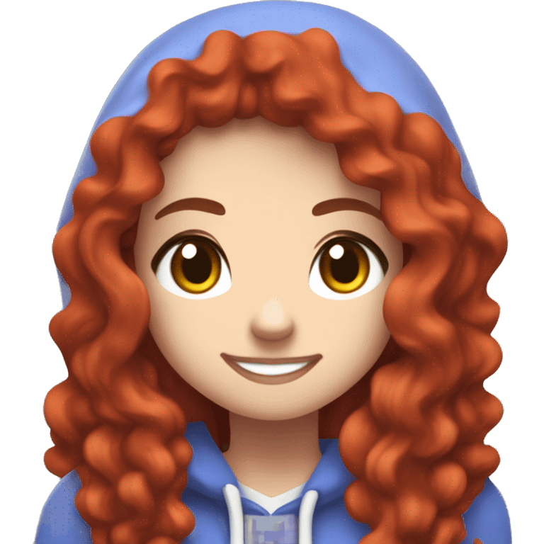 a white girl with long red curly hair and freckles, wearing periwinkle Minecraft hoodie playing a videogame smiling emoji