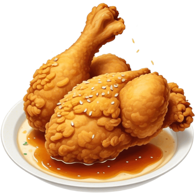 Cinematic crispy fried chicken, golden and crunchy, juicy inside, steaming as it is freshly served, sprinkled with seasoning, rich golden tones, inviting and delicious. emoji