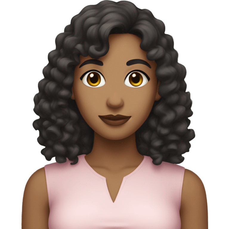 White woman with long black curly hair and bangs and dark brown eyes, wearing a pastel pink dress emoji