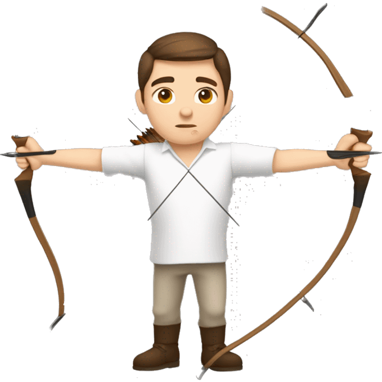 a male archer aiming with a bow facing  his target, eyes closed, wearing a white shirt, very short brown hair, bright skin, only show upper part of the body from waist up emoji