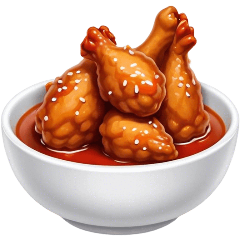 Korean Fried Chicken Cinematic Realistic Korean Fried Chicken Dish Emoji, depicted as bite-sized chicken pieces generously coated in a glossy, spicy sauce, in a bowl. emoji