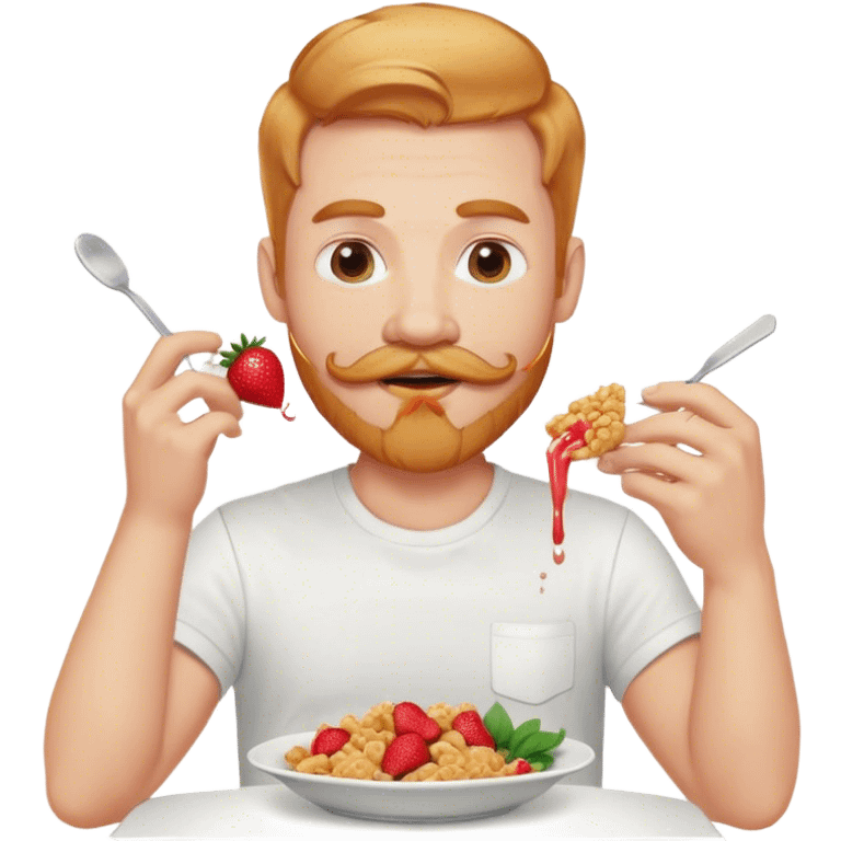 White man with strawberry blonde hair, light beard, and mustache wearing white t shirt eating Chinese food very happily emoji