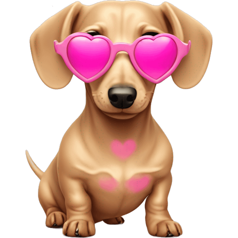 Light beige mini dachshund with pink sunglasses in the shape of a heart emoji