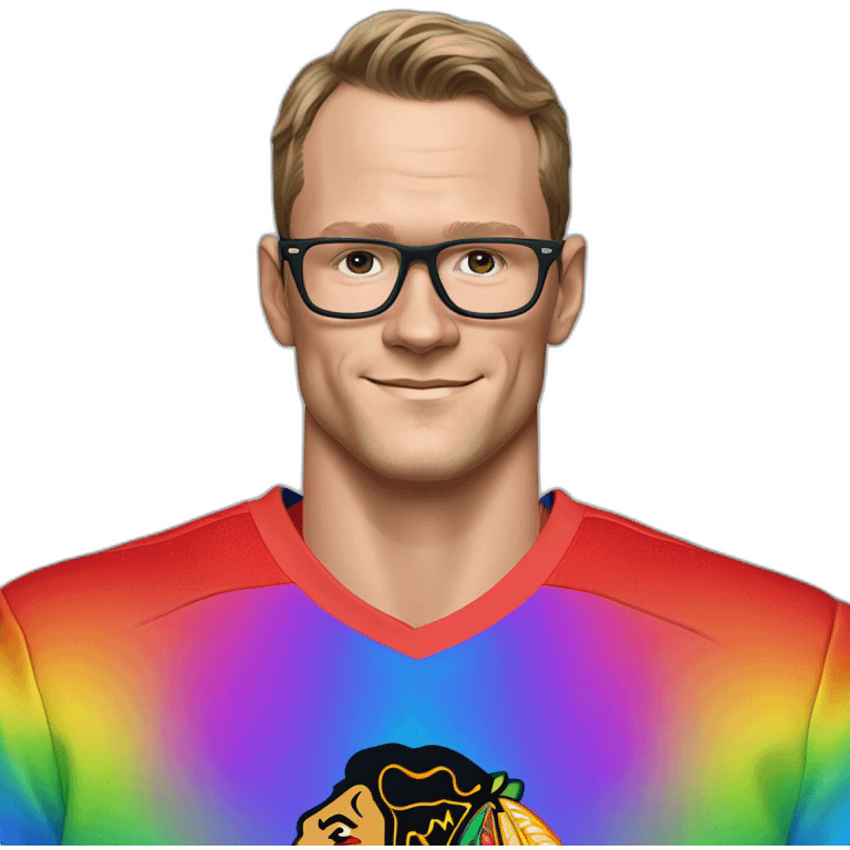 Jonathan Toews wearing glasses and rainbow clothes emoji