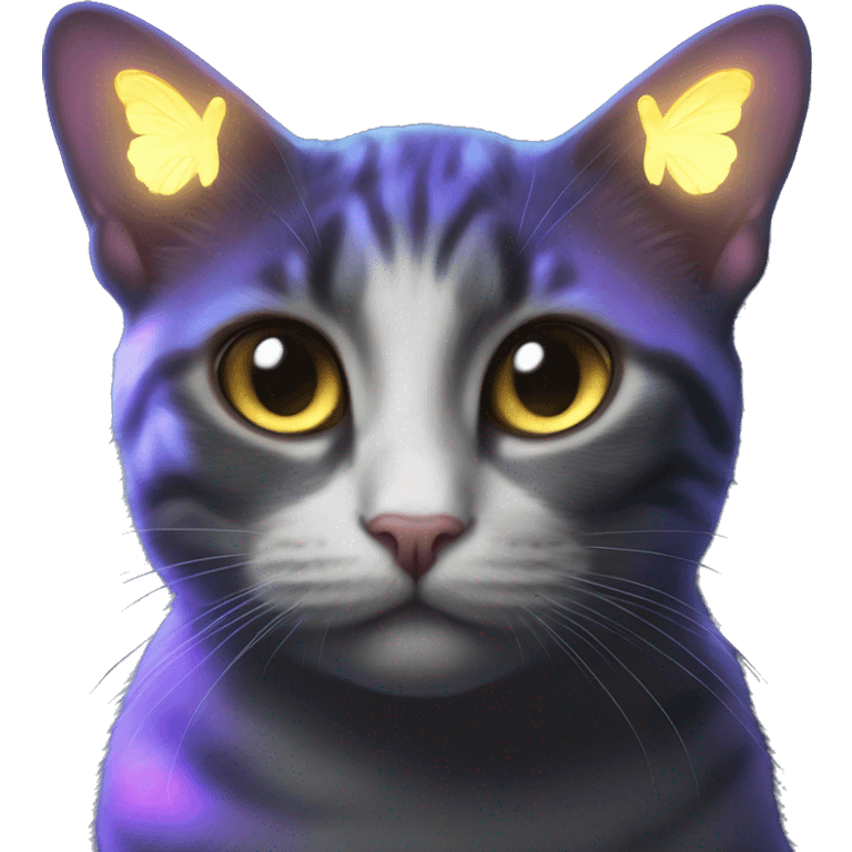 Dark iridescent butterfly glowing on top of cats head  emoji