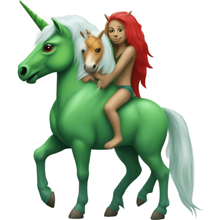 four-legged green unicorn white. a red amazon alien woman, on a unicorn emoji