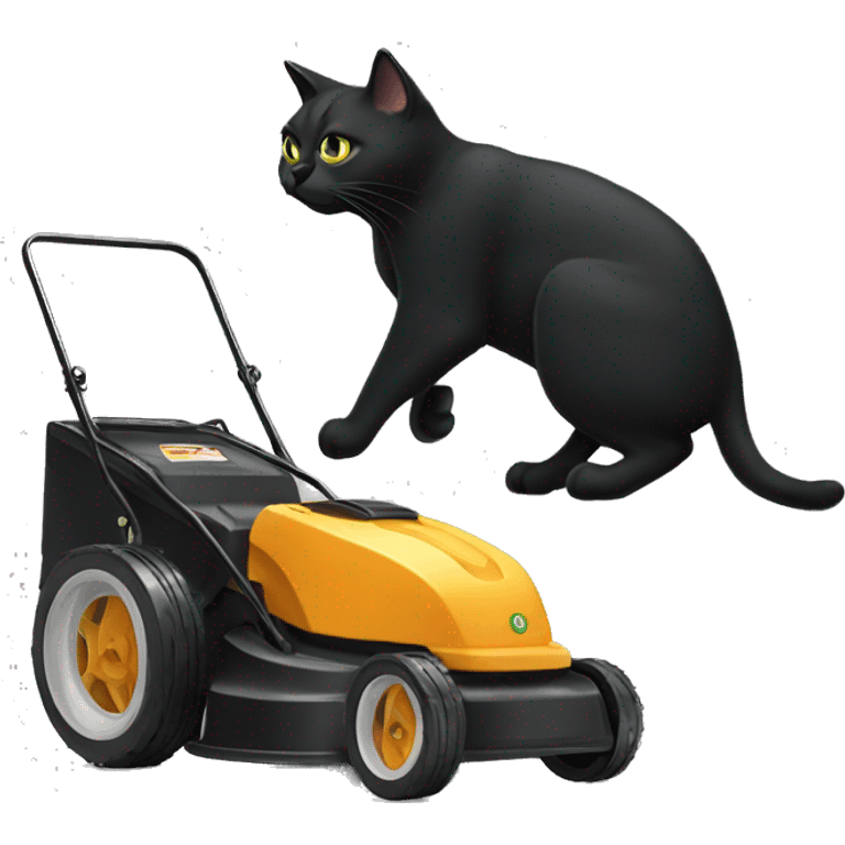 black cat pushing a push lawnmower emoji