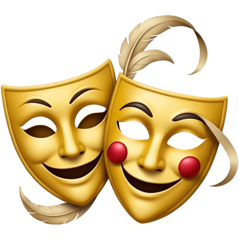 Create a dramatic emoji representing dramaturgy. The design should feature a classic theatre mask (comedy and tragedy), with one mask displaying a smiling face and the other a sad one. Include elements like a quill or fountain pen to symbolize the writing process, with dramatic lighting or shadows to enhance the theatrical feel. The background should be elegant, possibly with a curtain or spotlight effect, evoking a sense of drama and performance. Make the background transparent. emoji