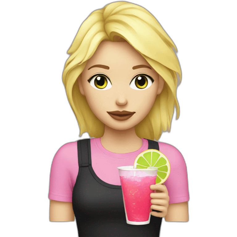 blonde girl straw drinking pink lemonade with one green lemon in the cup, with black watch black t shirt emoji