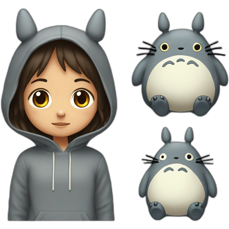 Fille Brune avec un sweat-capuche Totoro avec les couleurs de Totoro emoji