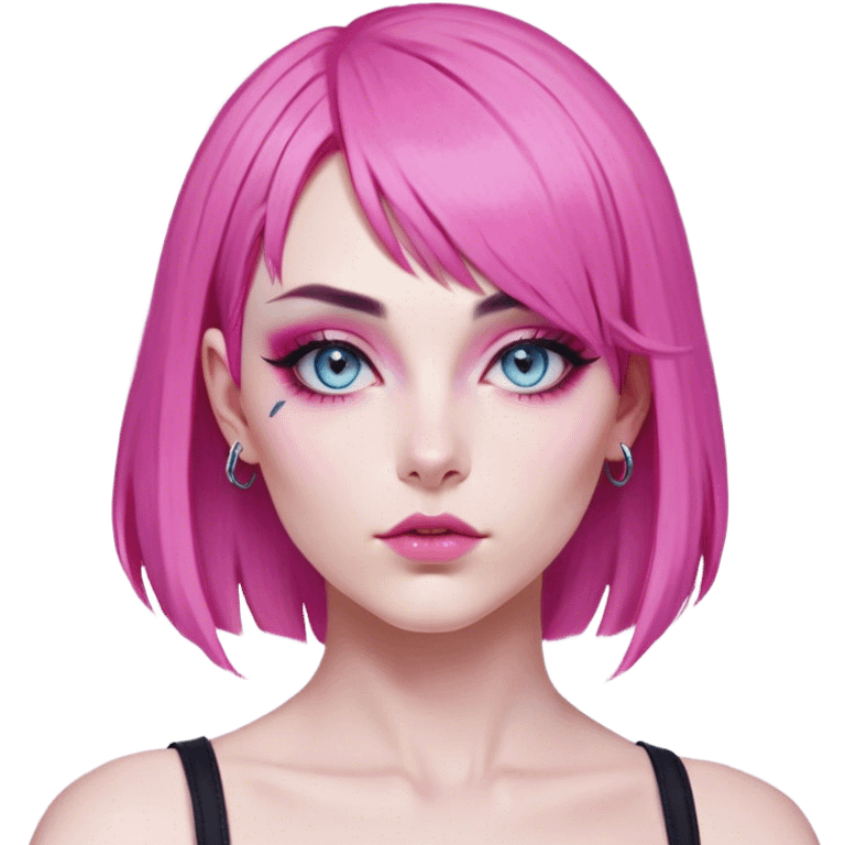 Vi from Arcane (Netflix Animation)

Face Shape: Strong, angular with high cheekbones and a defined jawline. Slightly pointed chin.
Skin Tone: Fair with a pinkish undertone.
Eyes: Large, almond-shaped, slightly downward-tilted, grey/light-blue.
Eyebrows: Thick, sharp, slightly arched, adding to her bold expression.
Nose: Small to medium with a slightly upturned tip.
Lips: Full but not overly plump, often pursed or smirking.
Hair: Vivid pink/magenta, left side shaved, right side with long, voluminous bangs partially covering her eye. The back is short and messy.
Other Features: Light freckles, a scar on her right eyebrow.
Expression: Intense and confident, often smirking or glaring.
Accessories: Small silver hoop earring in her left ear.
Tattoo: Roman numeral "VI" on her left cheekbone, below her eye. emoji