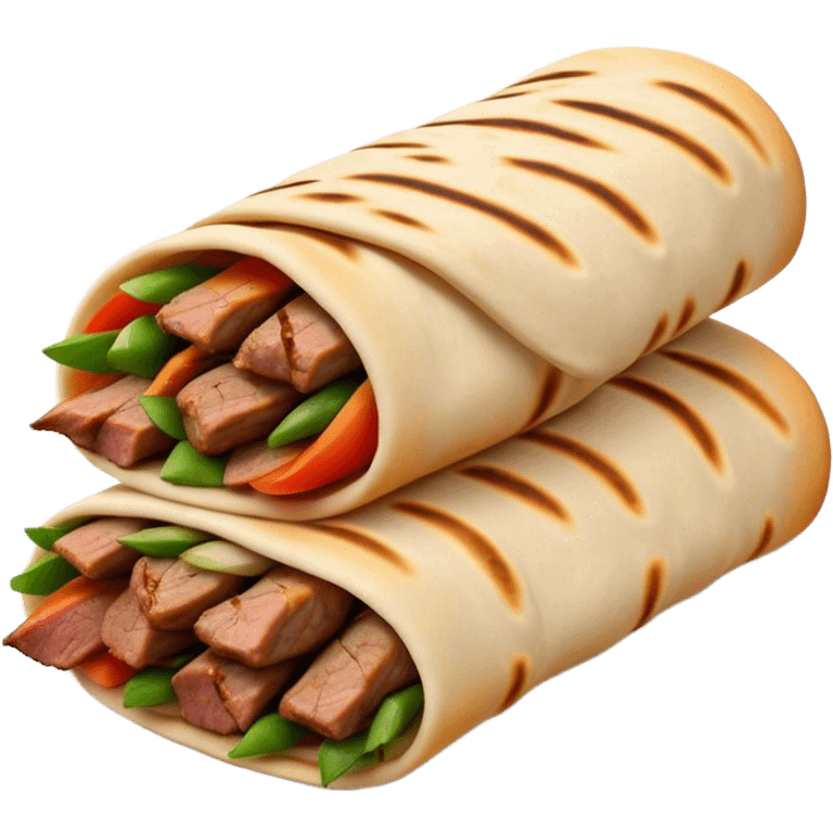 Cinematic Realistic Shawarma Dish Emoji, showcasing spiced, succulent meat wrapped in flatbread with fresh vegetables rendered with lifelike detail and dynamic, appetizing lighting. emoji