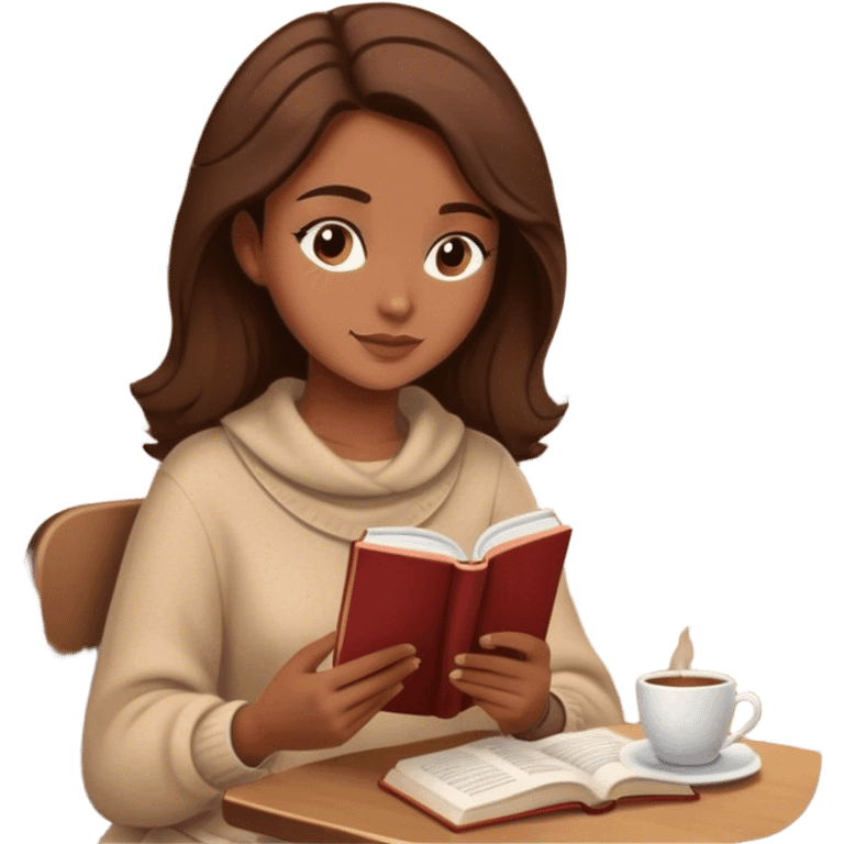 Brown haired woman in a cozy beige outfit reading a book in a cozy, quiet café emoji