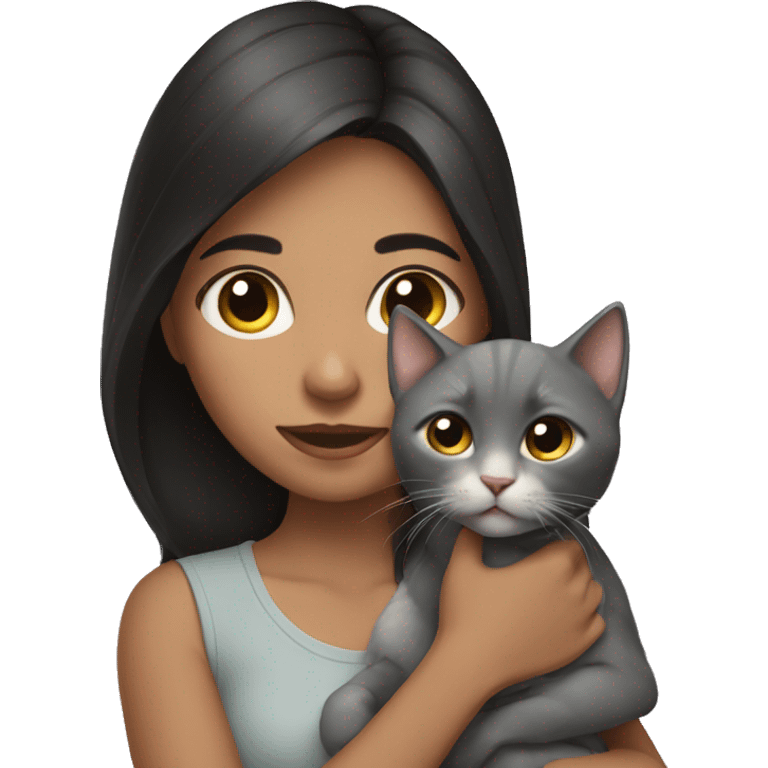 A dark-haired girl is holding a gray kitten emoji