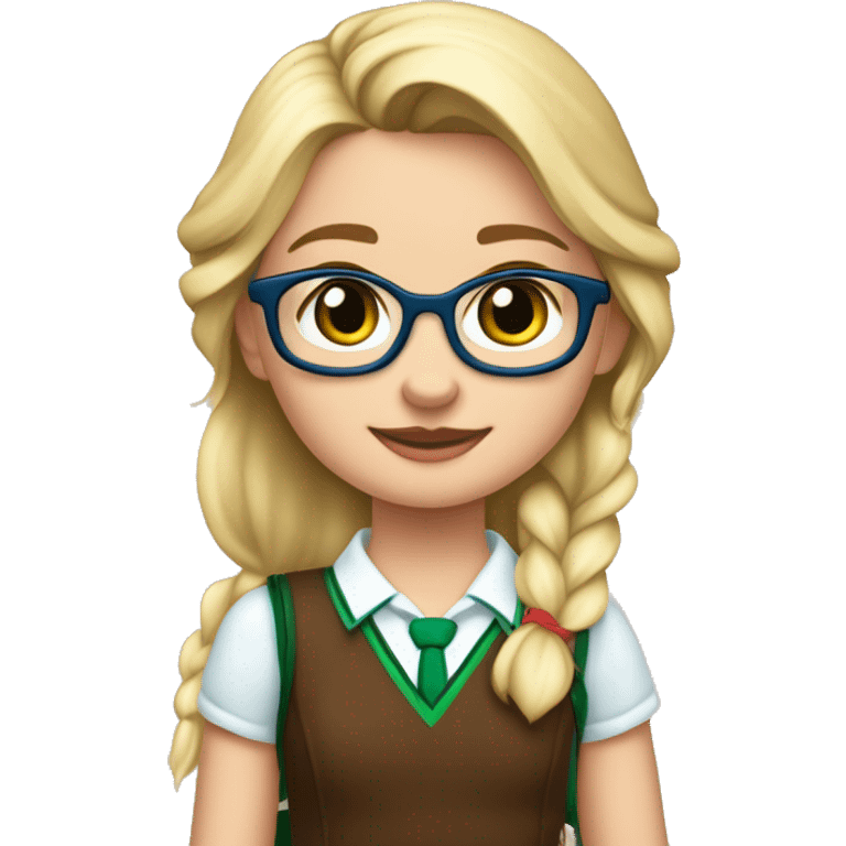 niña rubia, con pelo liso, con ojos azules, con gafas rosas y con uniforme de colegio con falda de cuadros verdes y marron, corona de frozen emoji