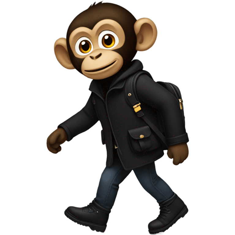 Monkey wearing black wool coat black ugg boots black backpack emoji