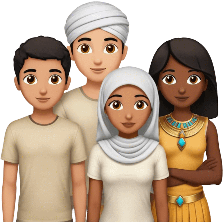 4 bestfriends, 1 south adian girl, 1 Egyptian boy, persian girl 1 moroccan boy 1 black boy emoji