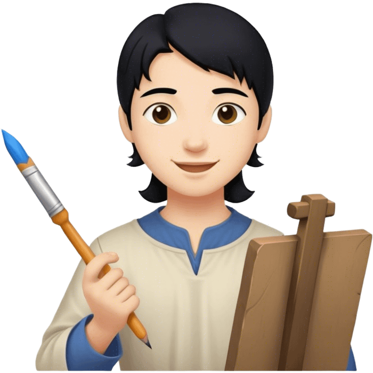 happy painter apprentice with black hair, drawing, medieval age emoji