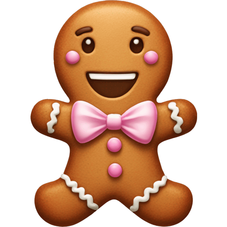 Gingerbread man with a light pink  bow who is smiling emoji