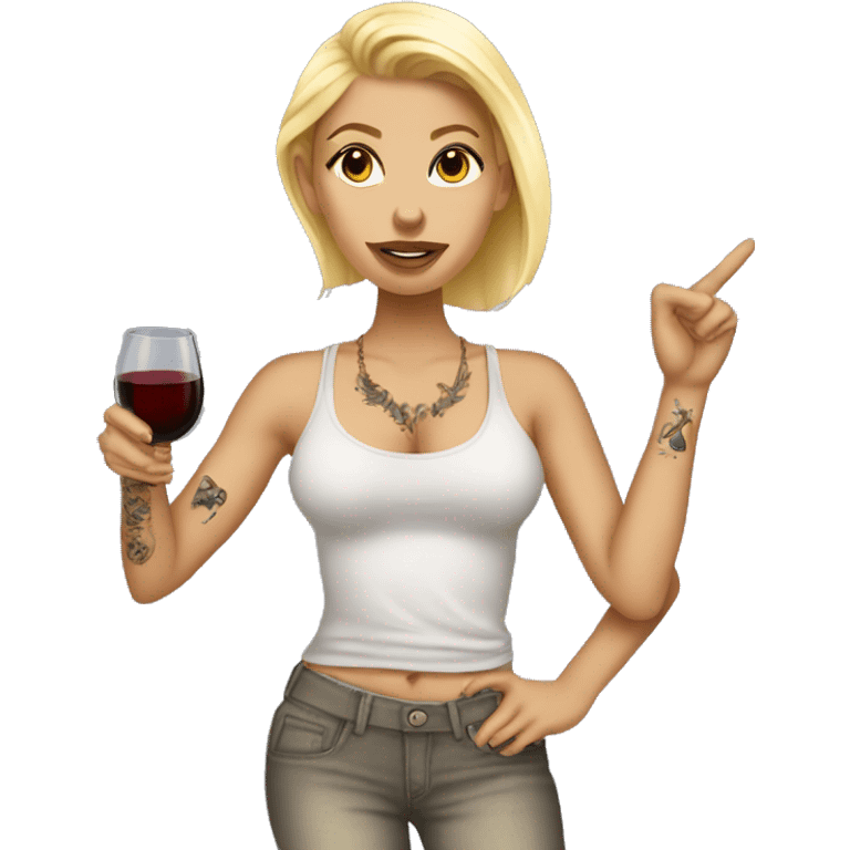 Blonde women in, her body covered with tattoos, wine in her one hand and pointing you with other hand with her pointer finger emoji