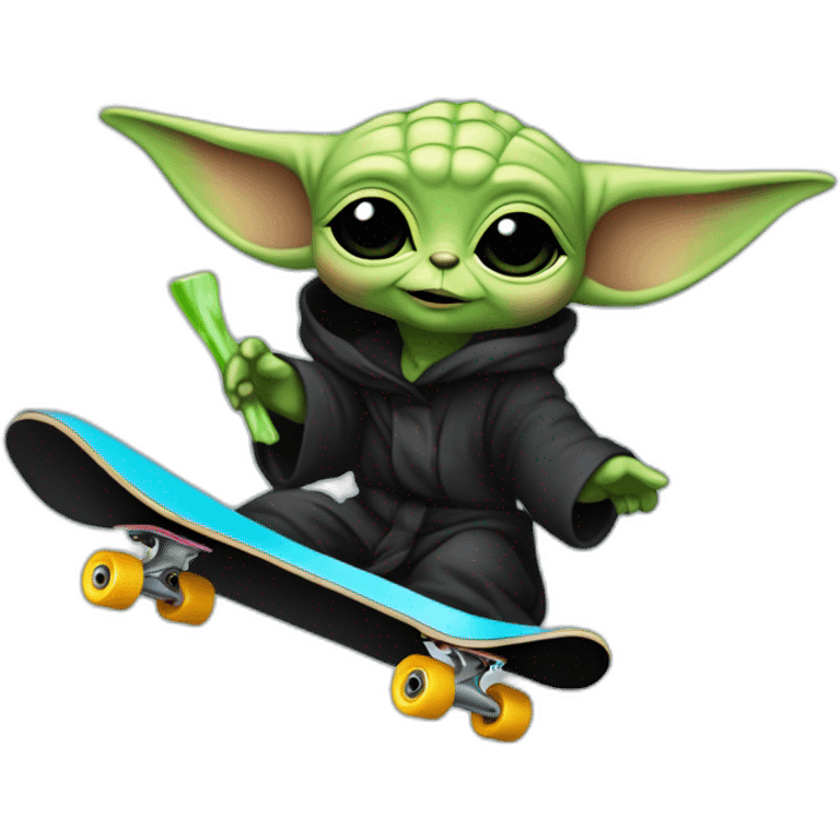 bebe yoda arc-en-ciel qui fait du skate en nageant dans une mer noir emoji