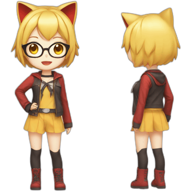 anime girl with short yellow hair, red glasses, cat ear, idol costume emoji