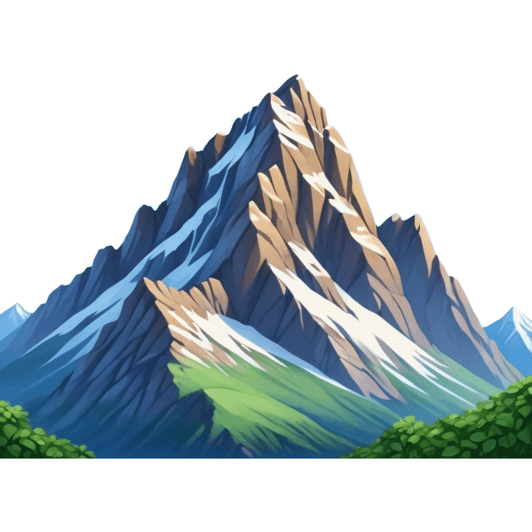 Cinematic Realistic Mountain Emoji, Majestic and towering, with craggy, snow-capped peaks rising sharply against a deep blue sky. The rugged terrain is dotted with rocky outcrops and patches of greenery, with clouds swirling around the higher reaches. Soft glowing outline, capturing the essence of ancient strength and natural beauty in a towering mountain! emoji