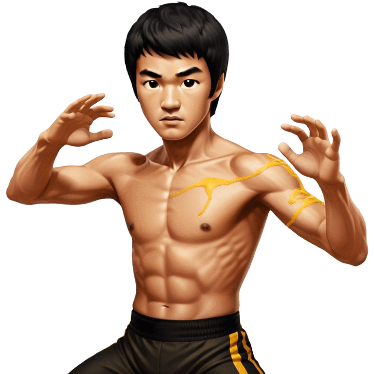 Cinematic Realistic Bruce Lee Portrait Emoji, depicted as a dynamic martial arts icon with an intense gaze and athletic physique caught in a fluid motion, rendered with vivid textures and energetic lighting that embodies his legendary prowess. emoji