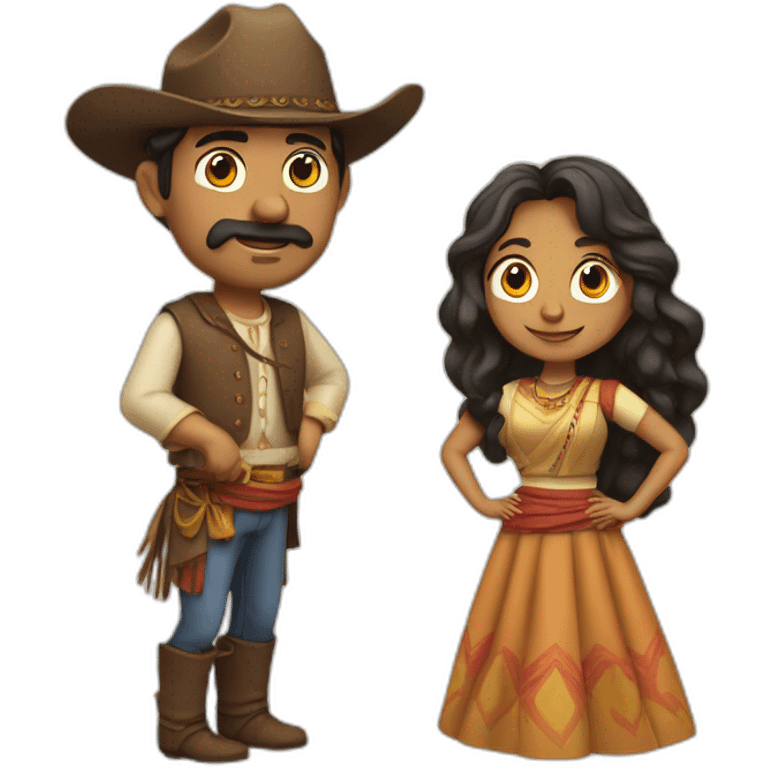 Indian woman with wavy hair and a folded skirt filming a western man emoji