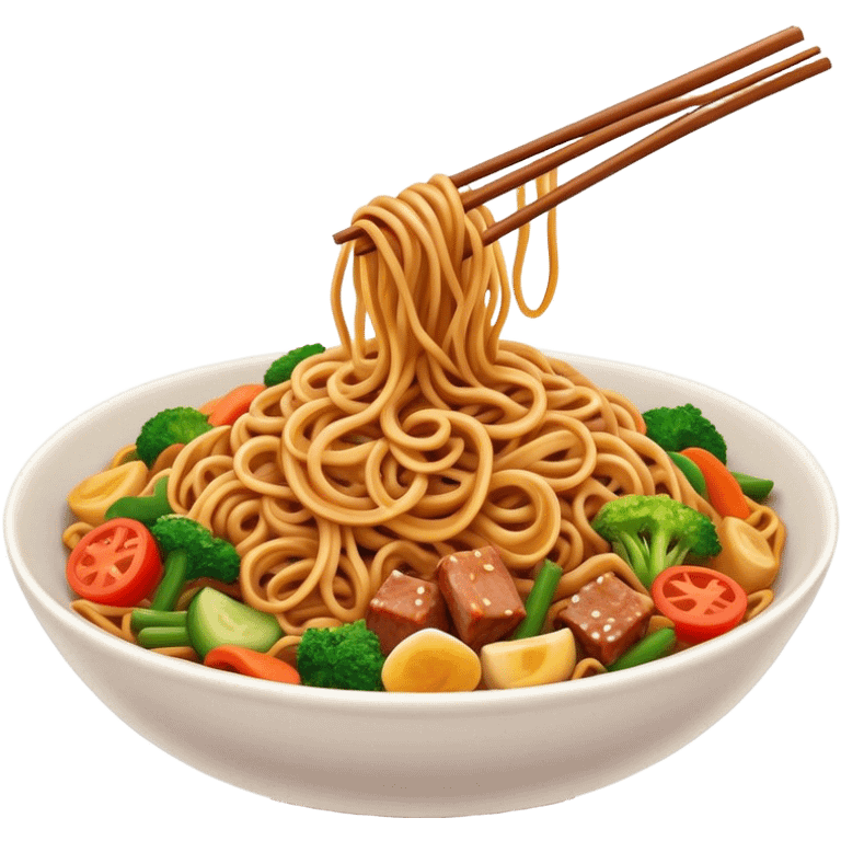 Cinematic Realistic Mie Goreng Dish Emoji, featuring stir‚Äêfried noodles with vegetables and meat rendered with dynamic textures and warm, appetizing lighting. emoji