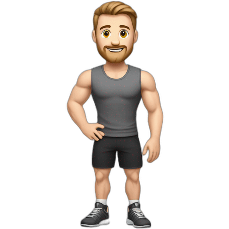 Full height realistic Actively gesturing with hands Pale skinned Fit Man With the biceps and brown hair in dark gray Sleeveless Mike, black oversize sports shorts, watch and white Sneakers emoji